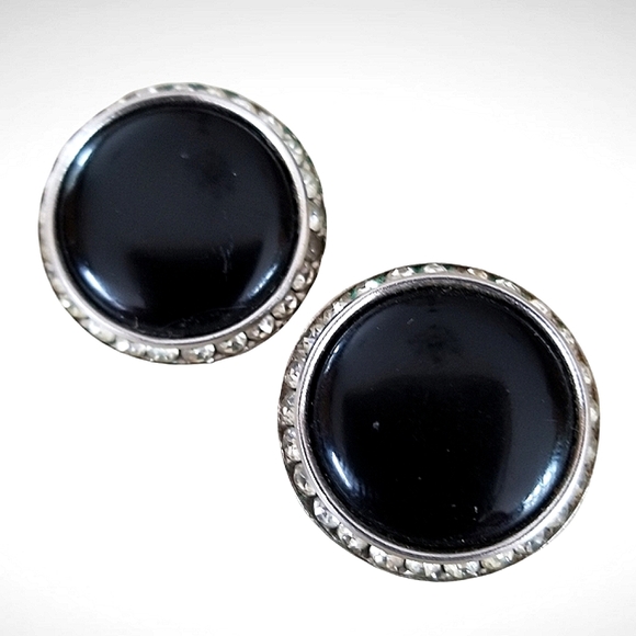 Vintage Signed Lisner Black Lucite Rhinestone Silver Tone Clip Earrings - Picture 4 of 12
